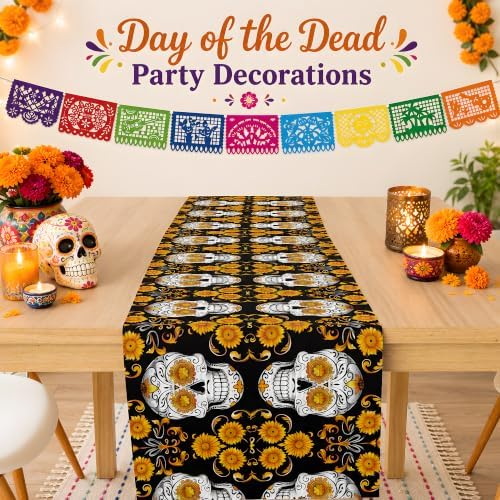 Dia De Los Muertos Decorations - Sugar Skull Table Runner with Banner