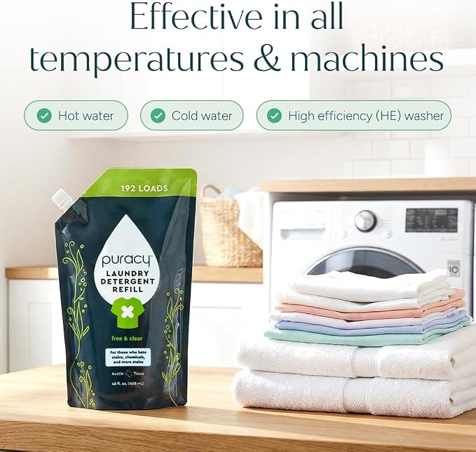 Puracy Laundry Detergent Refill - Enzyme-Powered Liquid Detergent Concentrate, Natural Laundry Detergent Seen on TikTok, Non-Toxic (Free & Clear, 48 fl oz, 192 Loads) (Pack of 2)