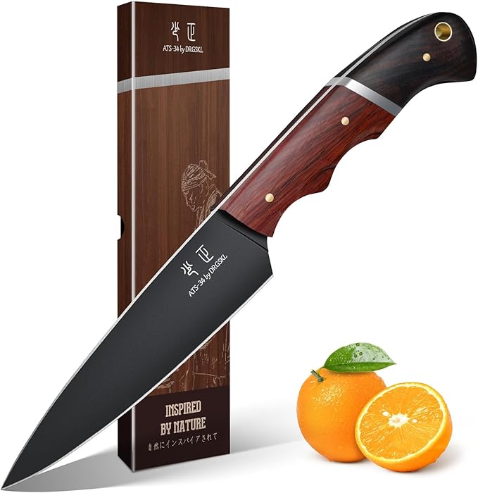 DRGSKL Kitchen Utility Knife From Japan - Small Chef Knife 5 Inch | Japanese ATS-34 Steel, Full Tang, Ergonomic Walnut Handle, Precision Cutting, Gift Box