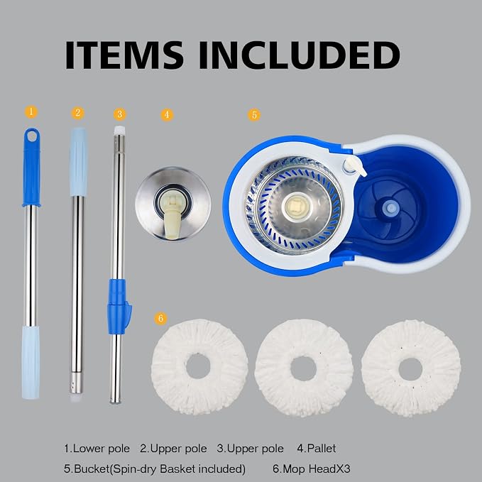 Spin Mop and Bucket with Wringer Set, 6 Mop Refills, 61" Handle (2 Sets) | 360° Spinning Mop System with Stainless Steel Extended Handle & 6 Microfiber Refills for Floor Cleaning
