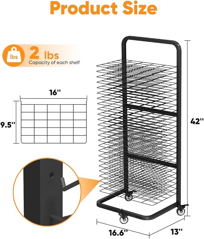 Art Drying Rack with 25 Removable Shelves, Mobile Metal Paint Drying Stand with Lockable Wheels, Functional Canvas Rack Art Storage for Artwork in Classrooms, Art Studios and Schools, Black