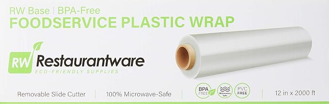 Restaurantware RW Base 12 Inch x 2000 Feet Cling Wrap 1 Roll Microwavable Cling Film - With Removable Slide-Cutter Clear Plastic Food Wrapping Film Securely Seal And Keep Food Fresh