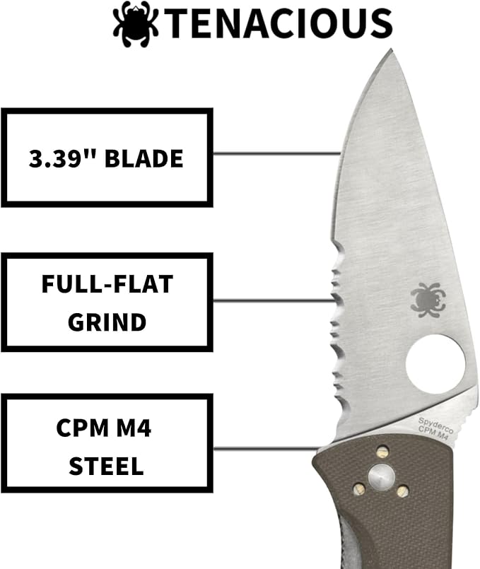 Spyderco Tenacious Folding Pocket Knife, CombinationEdge | 7.77" Overall Length, 3.3" CPM M4 Steel Blade, Brown, G-10 Handle, LinerLock, Full-Flat Grind
