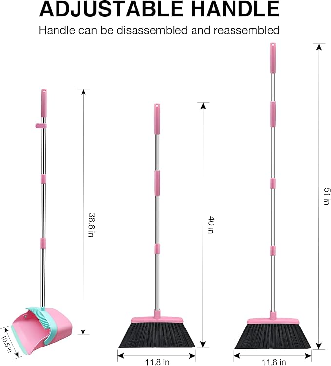 Broom and Dustpan Set, 52-in Long Adjustable Handle Broom Dustpan Combo with Dust pan Teeth to Automatically Clean Hair Suitable for Home Kitchen Office Hall Floor（Pink&Blue）