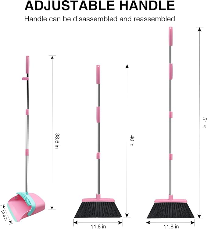 NACENA Broom and Dustpan Set, 52-in Long Adjustable Handle Broom Dustpan Combo with Dustpan Teeth to Automatically Clean Hair Suitable for Home Kitchen Office Hall Floor (Pink&Blue), 4 Pack