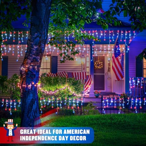 JMEXSUSS Icicle Lights for 4th of July Decor, 400 LED Red White and Blue