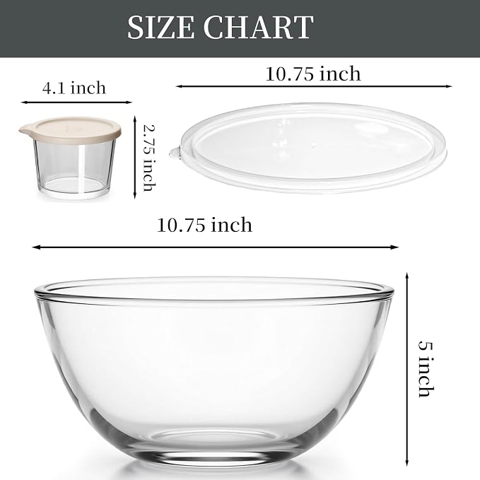 Large Glass Bowl for Sourdough Bread Making with Lid, 5Quart Deep Big Glass Bowl Large Salad Bowl with 8oz Small Bowls (clear)