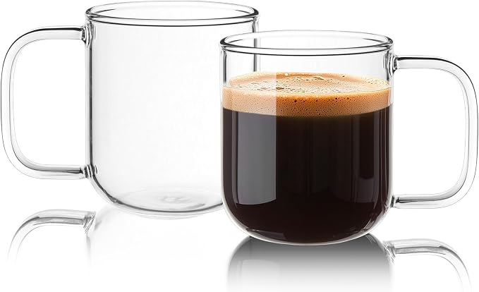 Glass Coffee Mugs, 8 oz iced coffee cups, Clear Tea Cups Set of 2, Glass Mugs with Handles, Glass Cups for Latte, Cappuccino, and Tea