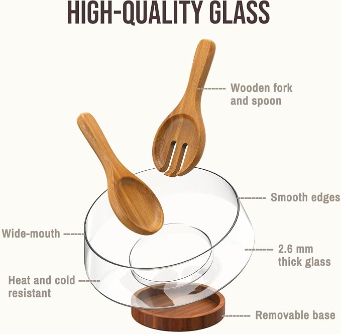 SoulTimes 4.7Qt Extra Large Glass Salad Bowl Set - Party Salad Bowls with Wood Base & Serving Utensils for Fruits, Pasta, etc. Clear Glass Bowl Set - Elegant Holiday Gift Choices