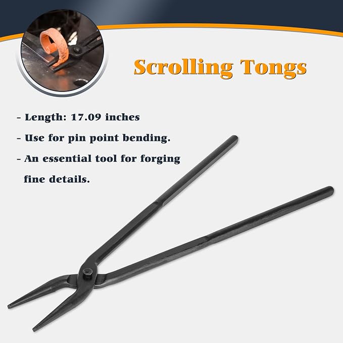Blacksmith Tong - 3/8" 1/2" 5/8" V-Bit, 1/4 Flat Jaw, Pick Up, Scroll | Knife Making Forge Tongs Set Assembled Steel Blacksmithing Bladesmith Bladesmithing (6PCS)