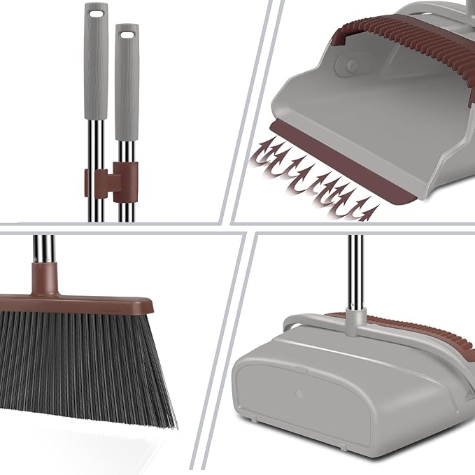Upgrade Broom and Dustpan Set, Self-Cleaning with Dustpan Teeth, Ideal for Dog Cat Pets Home Use, Super Long Handle Upright Stand Up Broom and Dustpan Set (Brown)