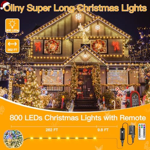 Ollny Christmas Lights 800LED 262FT, IP67 Waterproof Warm White&Multicolor