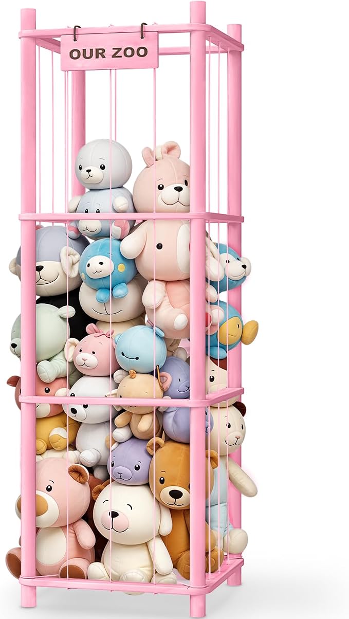 Woodure Stuffed Animal Storage & Organizer, Wooden Cute Zoo Toy Holder for Toddler Rooms, Playrooms & Bedrooms（Pink）