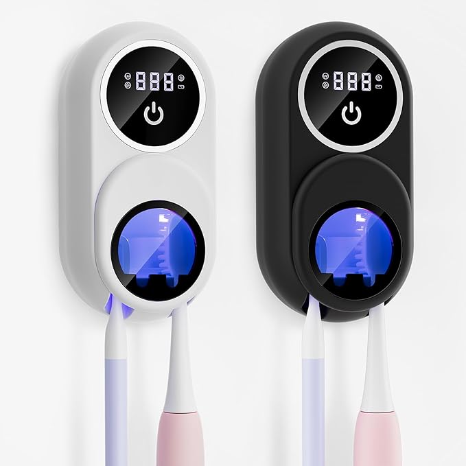 Toothbrush Holder & Toothbrush Cleaner, Fan & Heat Drying, LED Smart Screen, Wall Mounted Tooth Brush Holder for Bathrooms (White+Black)