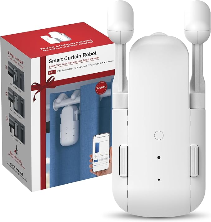 Automatic Curtain Opener with Remote, Compatible with Alexa and Google Home, Smart Curtain Opener for Roman/U/T Rails, Bluetooth Curtain Opener with App/Timer, Gifts for Women and Men