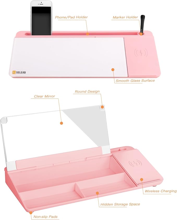 SELEAD Desktop Glass Whiteboard with Wireless Charger Station and Mirror, Dry Erase Board Computer Pad Keyboard Stand with Organizer for Home, School, Office Desk Accessories, Pink