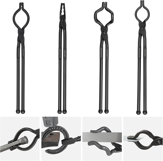 VEVOR Blacksmith Tongs, 4 PCS: V-Bit Bolt, Wolf Jaw, Z V-Bit & Gripping - A3 Carbon Steel, 18' for Blacksmiths & Bladesmiths
