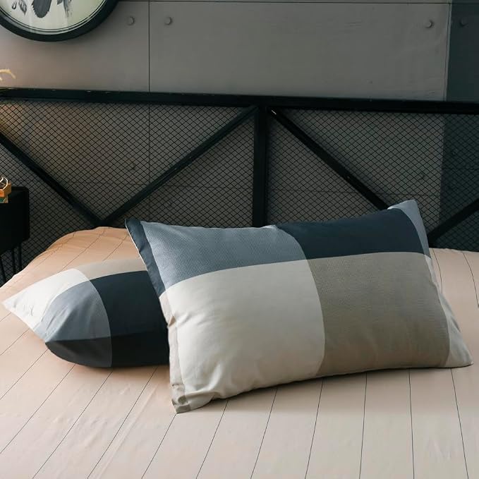 mixinni Twin Size Checkered Duvet Cover Set - 3 Piece Grey Geometric Cotton Bedding Set with Zipper Closure & Corner Ties, 100% Washed Cotton Soft Breathable Duvet Cover for Men, Women, Teens (Twin)