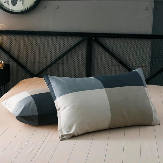 mixinni Twin XL Size Checkered Duvet Cover Set - 3 Piece Grey Geometric Cotton Bedding Set with Zipper Closure & Corner Ties, 100% Washed Cotton Soft Breathable Duvet Cover for Men, Teens (Twin XL)