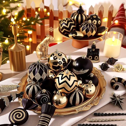 SHareconn 145pcs Christmas Balls Ornaments Set, Shatterproof Plastic Baubles Snowflakes, Xmas Tree Holiday Wedding Party Decorations with Hanging Strings, Gold and Black