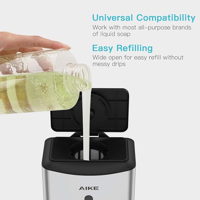 AIKE Heavy Duty Automatic Soap Dispenser,37oz for Bathroom,Polished Steel | 5-Level and Savety Key for Commercial(4*AA Batteries Not Included),Screw Wall Mount for Space-Saving,Stainless Steel AK1206