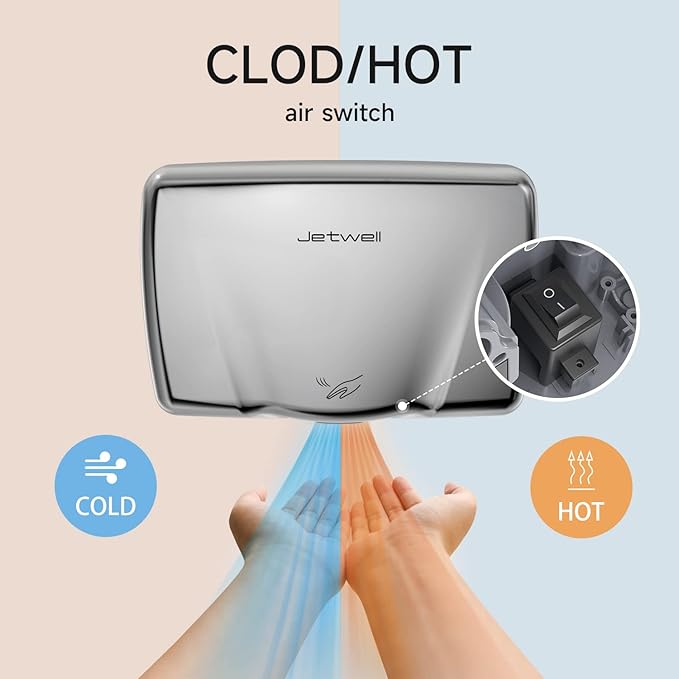JETWELL Compact Hand Dryer for Bathrooms Commercial- Stainless Steel High Speed Hand Dryer with Heating Switch- AC110V-130V Warm Wind Hand Blower