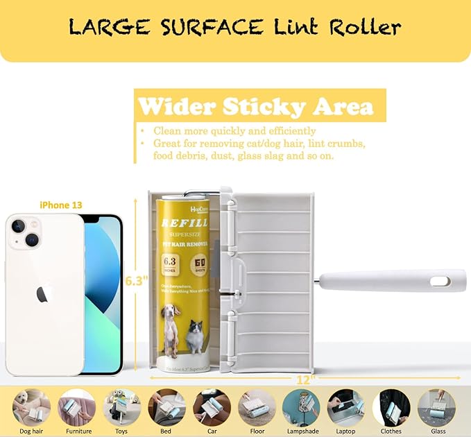 Large Surface Lint Roller Extra Sticky with Dust-Proof Cover 6.3'' Wider 480 Sheets/8 Refills, Pet Dog & Cat Hair Remover for Furniture Clothes Carpet Floor Car, A Great Sticky Tape Roller