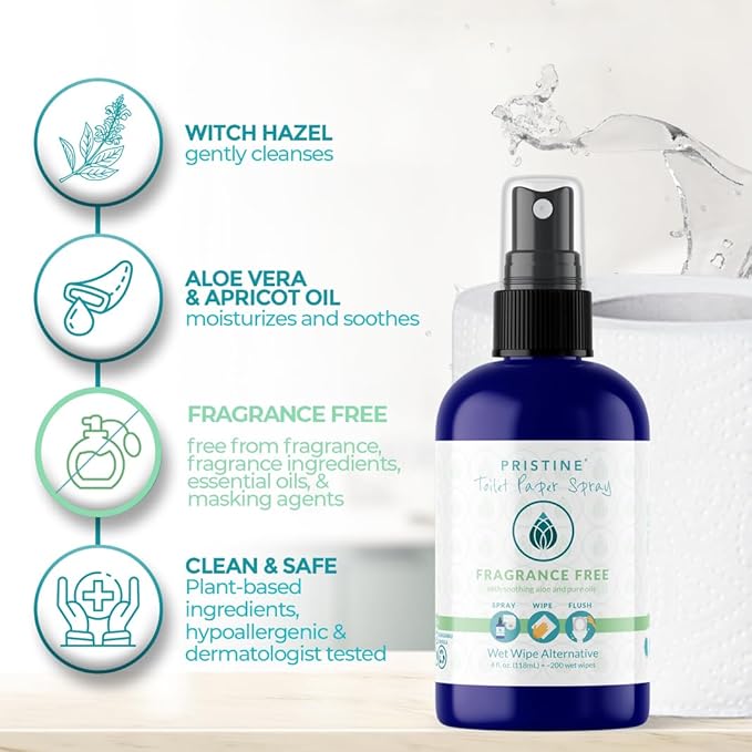 PRISTINE Toilet Paper Spray, As Seen on Shark Tank, Flushable Wipe Alternative, Personal Cleansing Bathroom Spray for Regular Toilet Tissue, Bidet Alternative, Made in USA, Fragrance Free, 32oz Refill
