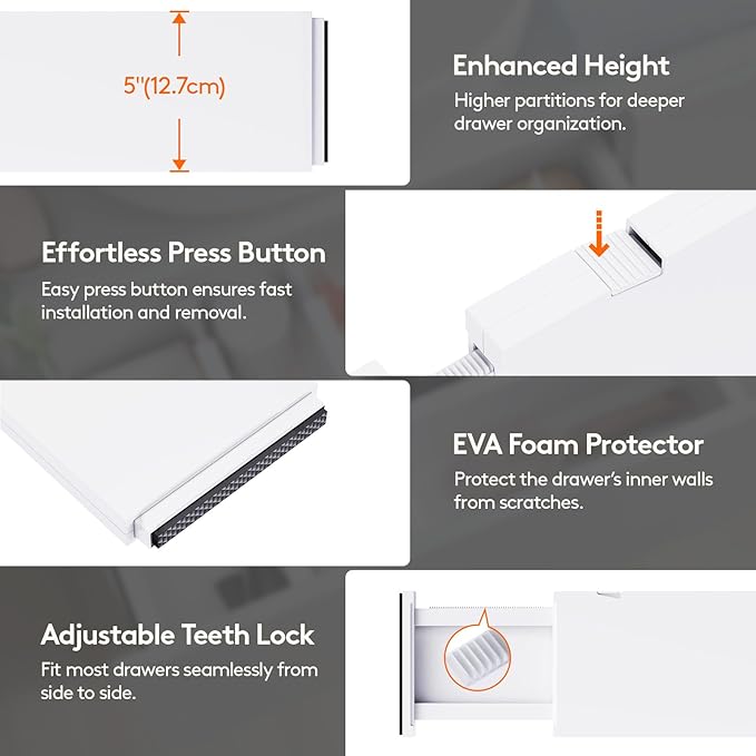 Lifewit 10 Pack 5" High Drawer Dividers 34-56cm/13.5-22" Adjustable Drawer Organizer for Clothes/Utensils, Expandable Drawer Separator in Dresser/Kitchen/Bedroom/Office Organization & Storage White