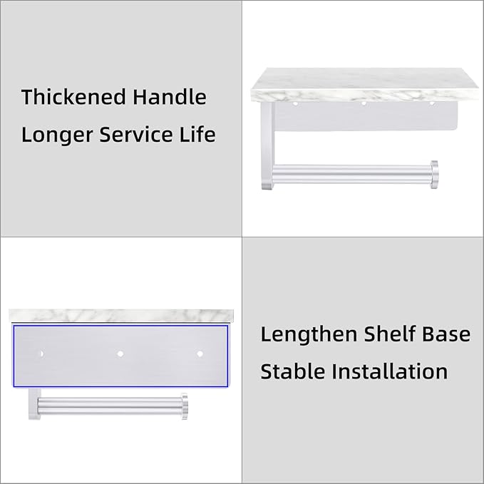 Gypie Brushed Nickel Toilet Paper Holder with Natural Marble Shelf, Screw Wall Mounted, Tissue Roll Holder for Bathroom Washroom