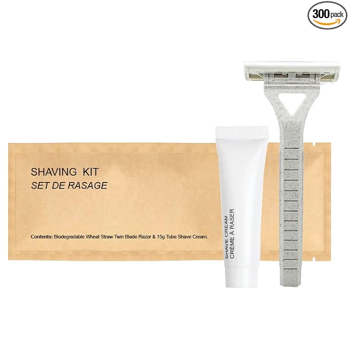 World Amenities Kraft Paper Shave Kit - Wheat Straw Dual Blade Safety Razor and Shave Cream Set (300 Pack)
