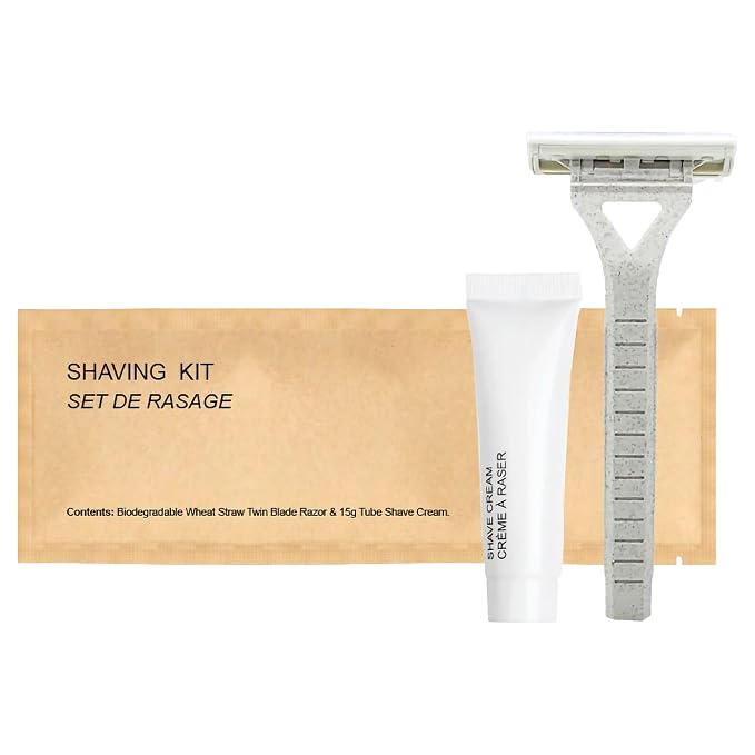 World Amenities Kraft Paper Shave Kit - Wheat Straw Dual Blade Safety Razor and Shave Cream Set (100 Pack)