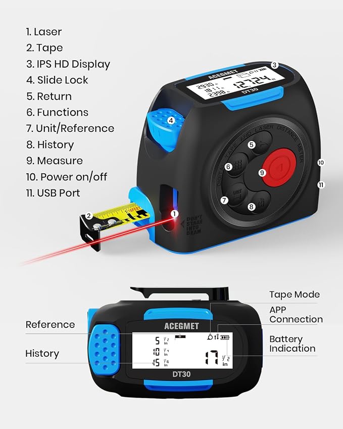 ACEGMET 3-in-1 Digital Tape Measure, 130ft Laser Distance Meter and 16ft Auto-Lock Measuring Tape, Smart App Sync for Floor Planning, ±1/16" High Precision, 2" Backlit LCD, USB-C Rechargeable, IP54