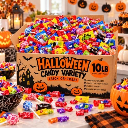 Halloween Bulk Candy Assortment; Approximately 300+ pieces; Individually Wrapped For Easy sharing; assorted flavors, textures, shapes, and colors; ideal for trick-or-treat bags, candy bowls, parties, events, offices, and classrooms.