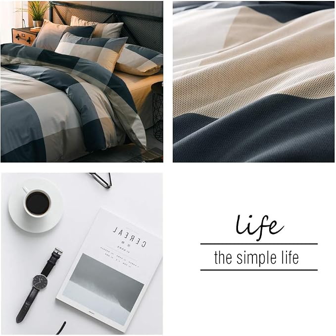 mixinni Twin XL Size Checkered Duvet Cover Set - 3 Piece Grey Geometric Cotton Bedding Set with Zipper Closure & Corner Ties, 100% Washed Cotton Soft Breathable Duvet Cover for Men, Teens (Twin XL)