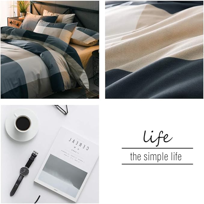 mixinni Queen Size Checkered Duvet Cover Set - 3 Piece Grey Geometric Cotton Bedding Set with Zipper Closure & Corner Ties, 100% Washed Cotton Soft Breathable Duvet Cover for Men, Women, Teens (Queen)