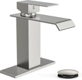 FORIOUS Bathroom Faucet Brushd Nickel Modern Waterfall Bathroom Sink Faucet 1 or 3 Hole Single Handle with Deck Plate and Drain, Suitable for Vanity Rv Camper Commerical