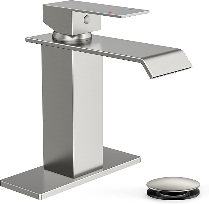 FORIOUS Bathroom Faucet Brushd Nickel Modern Waterfall Bathroom Sink Faucet 1 or 3 Hole Single Handle with Deck Plate and Drain, Suitable for Vanity Rv Camper Commerical