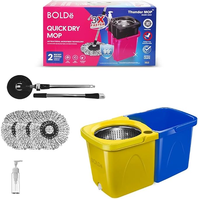 Thunder Mop Spin System - Double-Sided - 3 Free Refills (Yellow/Blue) | 2 Compact Stackable 6L Buckets, Microfiber Head, Stainless Steel Wringer, Antifungal Quick-Dry Cleaning, Soap Dispenser