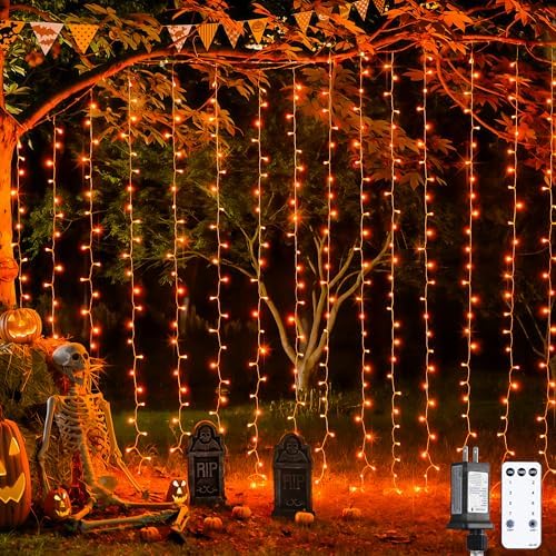 JMEXSUSS 300LED Orange Halloween Curtain Lights with Remote, 9.8x9.8ft