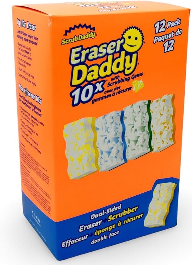 Scrub Daddy - Eraser Daddy with Scrubbing Gems Dual-Sided Scrubber and Eraser, Lasts 10x Longer Than Ordinary Melamine Erasers, Water Activated, Ergonomic, Pack of 12, Includes 4 Colors