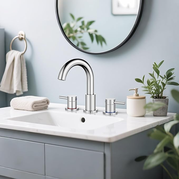Bathroom Faucet 3 Hole, Chrome Bathroom Sink Faucet with Pop Up Drain, 8 inch Widespread Bathroom Faucet with 360° Swivel Spout, 2 Handle Vanity Faucet with Water Supply Hoses