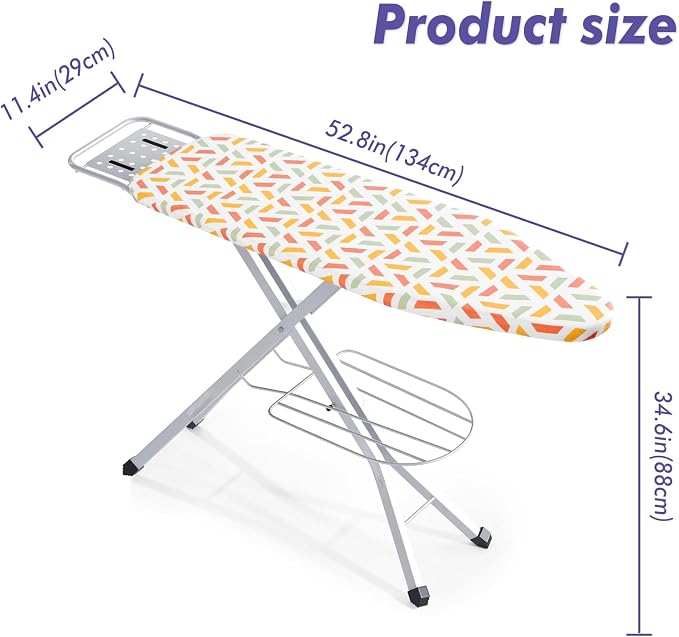 BKTD Ironing Board, Heat Resistant Cover Iron Board with Steam Rest, Non-Slip Foldable Ironing Stand. Heavy Sturdy Metal Frame Legs Iron Stand(13 * 34 * 53 Inches) (Geometric White)
