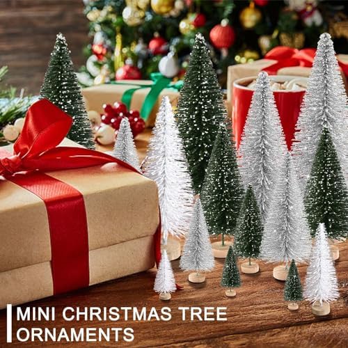 30Pcs Mini Christmas Trees Artificial Christmas Tree Bottle Brush Trees with Wooden Base for Christmas Decor Party Home Table Craft Decorations(Green+Silver+White)