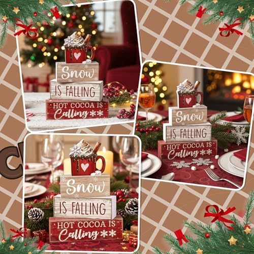 Lineshading 4 Pcs Christmas Table Decor, Hot Cocoa Wood Block Sign Home Set