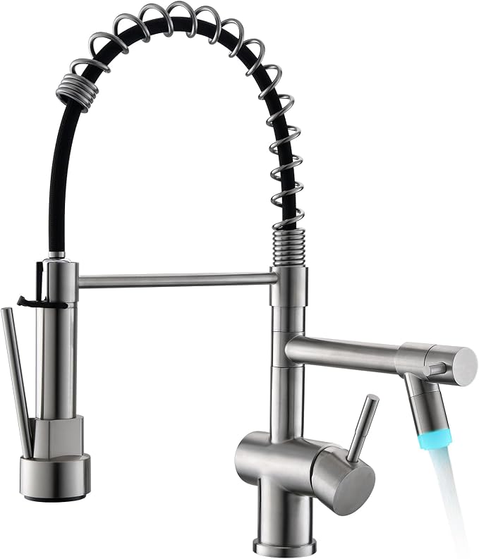 Kicimpro LED Kitchen Faucet with Pull Down Sprayer, Brushed Nickel Faucet for Kitchen Sink, Single Handle High Arc 304 Stainless Steel LED Commercial Bar Kitchen Sink Faucet for 1 Hole Or 3 Hole