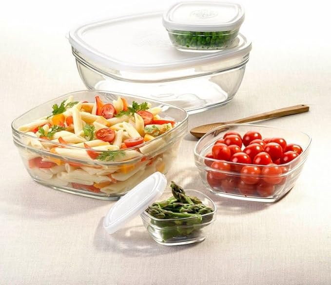 Duralex - Lys Square Stackable Bowl with White Lid, Set of 3 Sizes