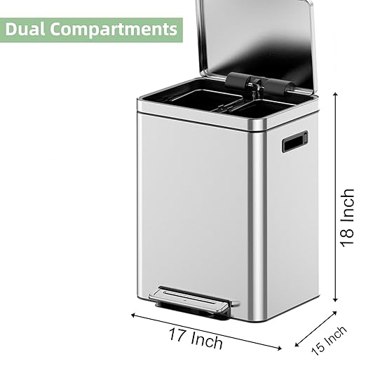 Takywep 2x8 Gallon Stainless Steel Trash Can with Soft-Close Lid & Foot Pedal, Rectangular Recycling Bin with 2 Removable Buckets for Kitchen, Office, Home Waste Separation