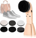 Handheld Electric Shoe Polisher, Rechargeable Shoe Shine Kit with 6 Brush Heads, Ergonomic Grip and Compact Storage Base for Cleaning and Polishing Leather Shoes, Bags, Boots and Upholstery Gold
