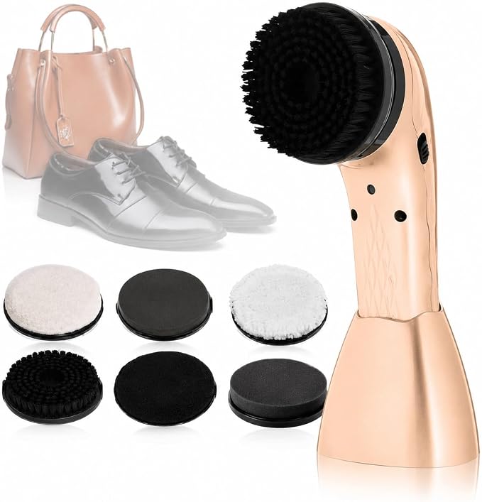 Handheld Electric Shoe Polisher, Rechargeable Shoe Shine Kit with 6 Brush Heads, Ergonomic Grip and Compact Storage Base for Cleaning and Polishing Leather Shoes, Bags, Boots and Upholstery Gold